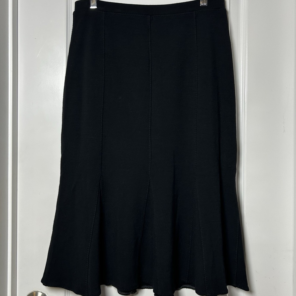 Eileen Fisher Wool Blend Black Knit Panel Godet Trumpet Flared Hem Midi Skirt